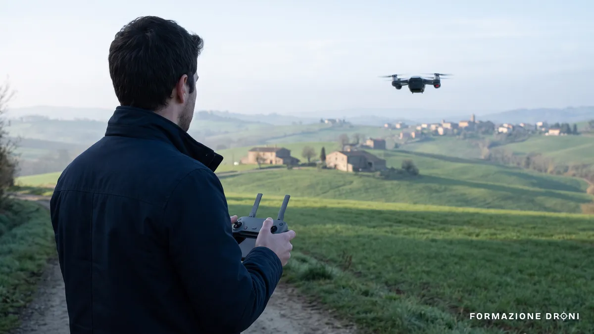 Pilota remoto con radiocomando e piccolo drone in volo in campagna italiana