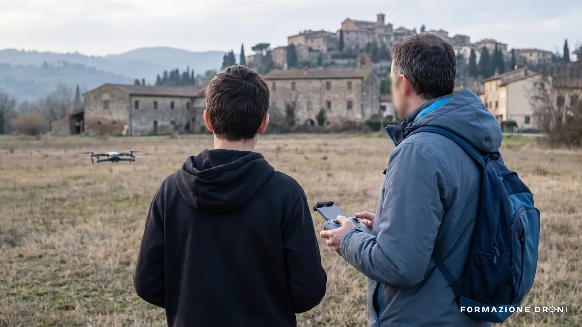 Un adulto e un ragazzo in un campo aperto con un piccolo drone in volo basso