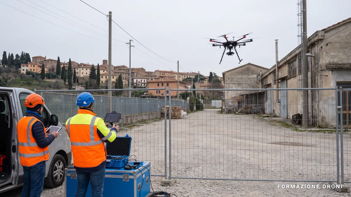 Equipaggio di due persone che opera un drone professionale da un'area di controllo a terra delimitata