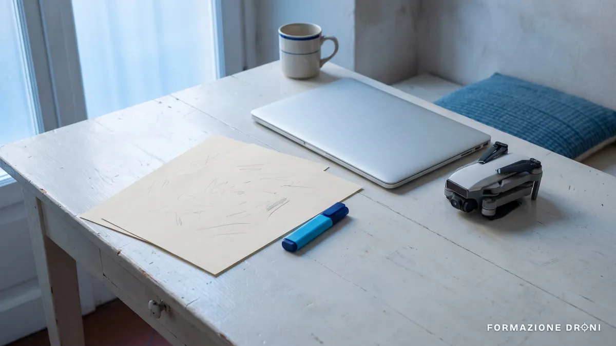 Appunti di studio, evidenziatore e un piccolo drone chiuso accanto a un computer portatile