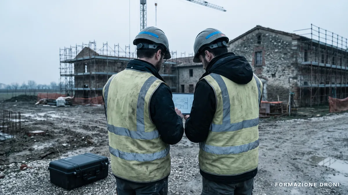 Due professionisti consultano un tablet a bordo cantiere con la custodia di un drone appoggiata a terra