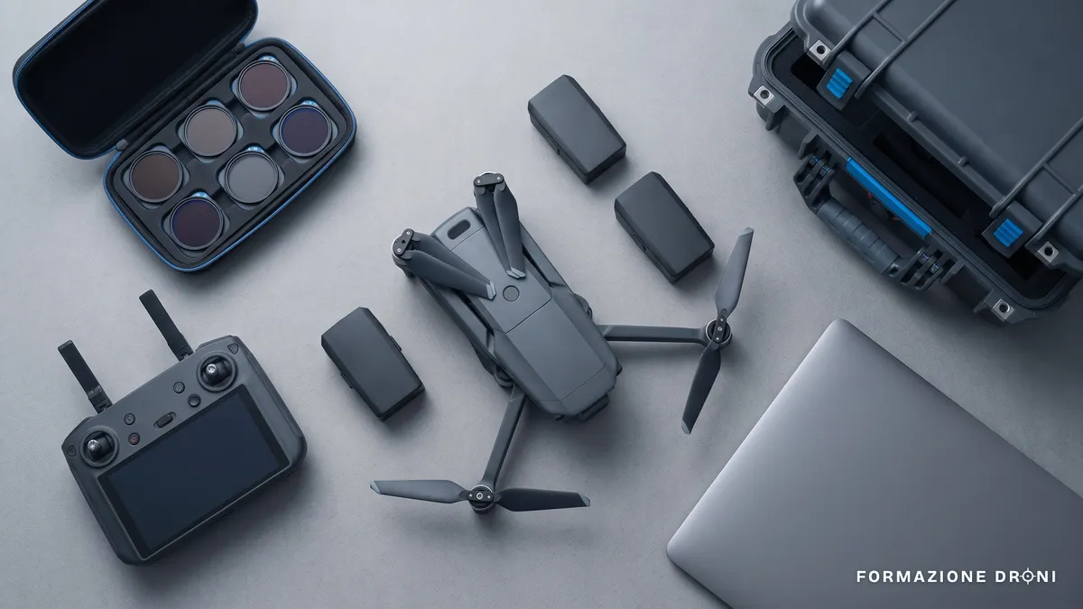 Attrezzatura professionale per droni disposta su una superficie grigia: drone ripiegato, batterie, radiocomando, filtri e laptop