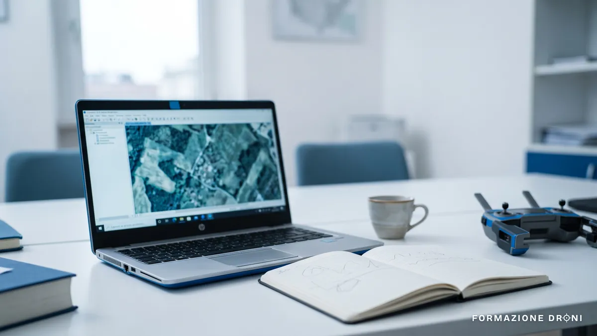 Scrivania con laptop che mostra un'ortofoto aerea, quaderno di calcoli e radiocomando di un drone