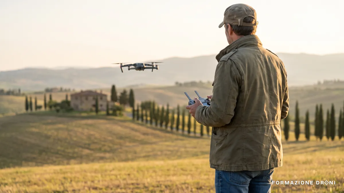 Pilota remoto di spalle con radiocomando mentre un drone consumer vola su una campagna italiana all'alba