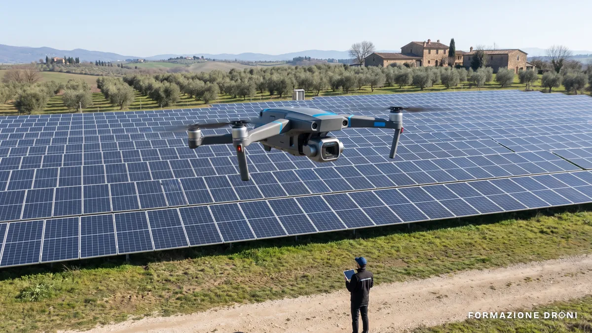 Drone professionale con termocamera in volo sopra un impianto fotovoltaico con un tecnico a terra
