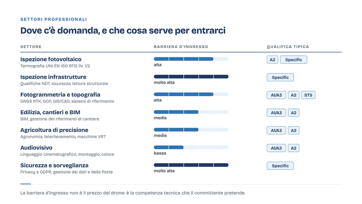 Schema di confronto tra i settori professionali dei droni per barriera d'ingresso e qualifiche richieste