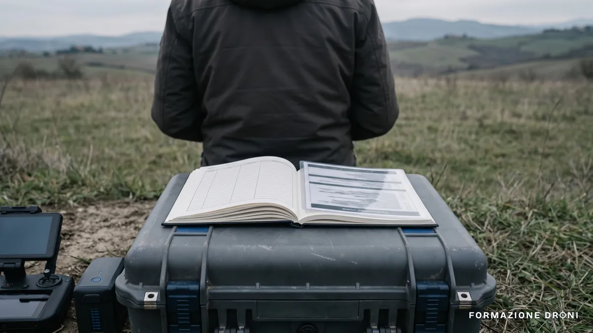 Logbook cartaceo e checklist plastificata appoggiati sulla custodia di un drone in campo
