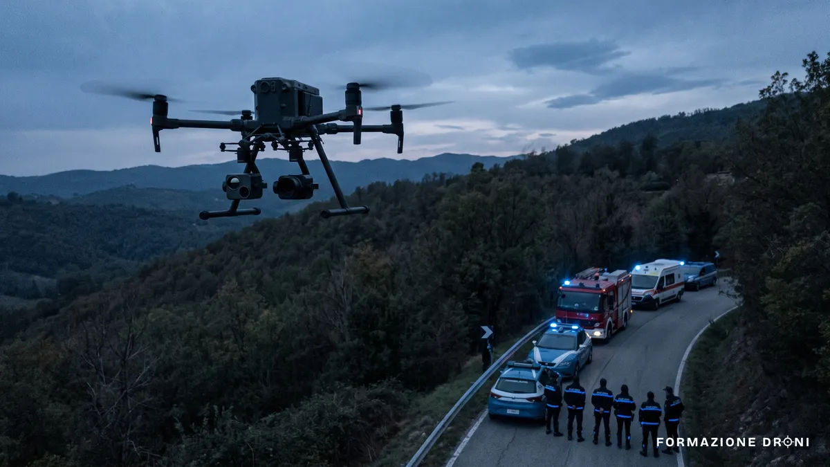 Drone professionale con termocamera in volo al crepuscolo su un versante boscoso con mezzi di soccorso sulla strada sottostante
