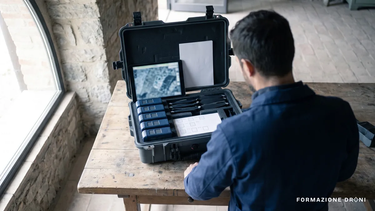 Valigia di un pilota di droni aperta con batterie, eliche, tablet e checklist stampata su un tavolo di legno