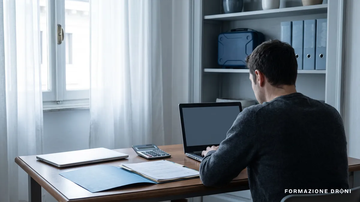 Scrivania di un ufficio domestico con documenti, calcolatrice, laptop e un drone riposto nella custodia