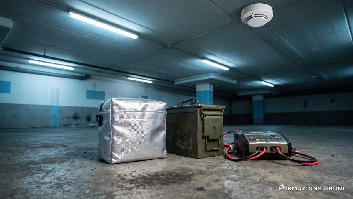 Borsa ignifuga e cassetta metallica per batterie su pavimento in cemento accanto a un caricabatterie