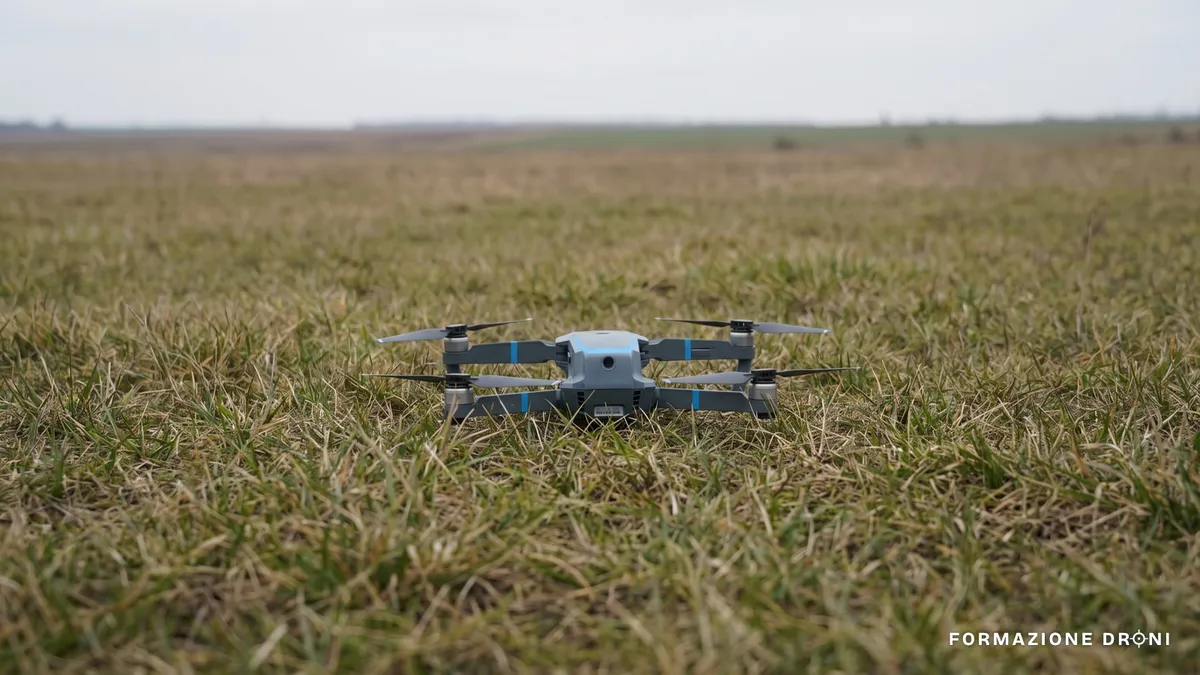 Drone appoggiato sull'erba in mezzo a un campo, lontano da strade ed edifici