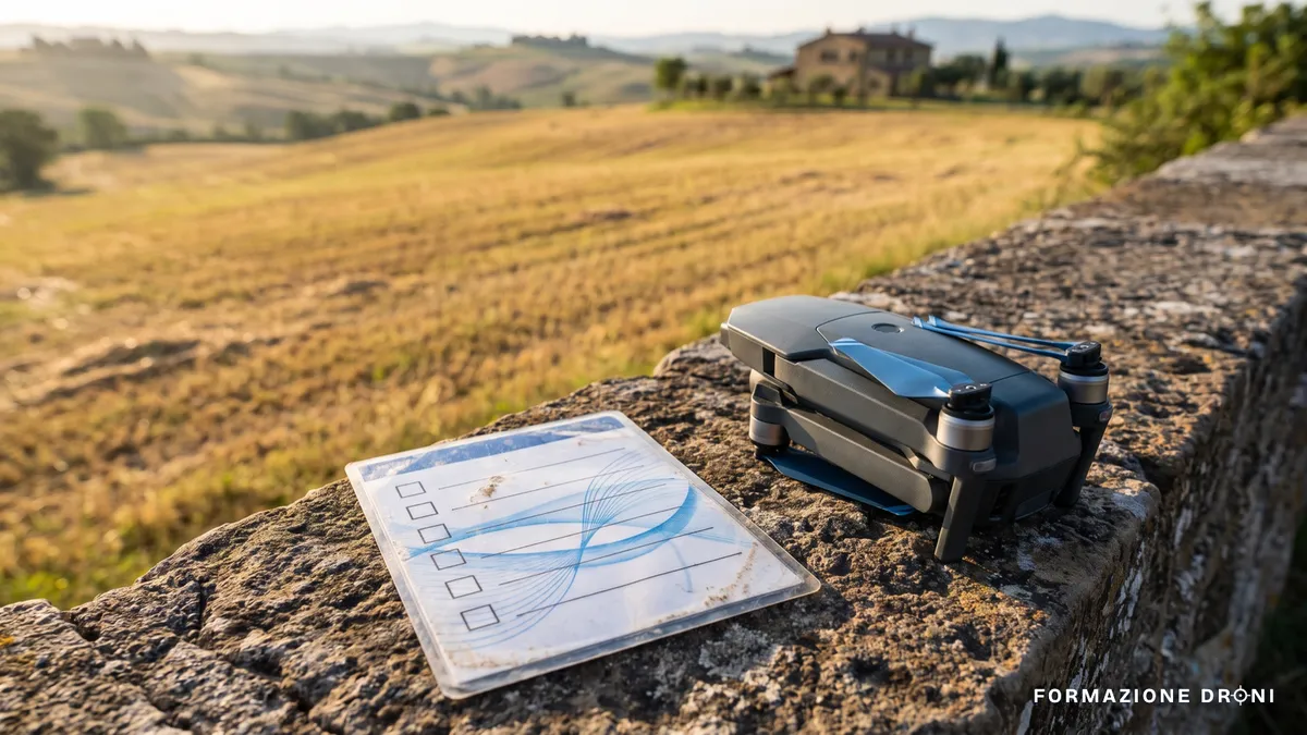 Scheda di controllo plastificata accanto a un drone ripiegato su un muretto
