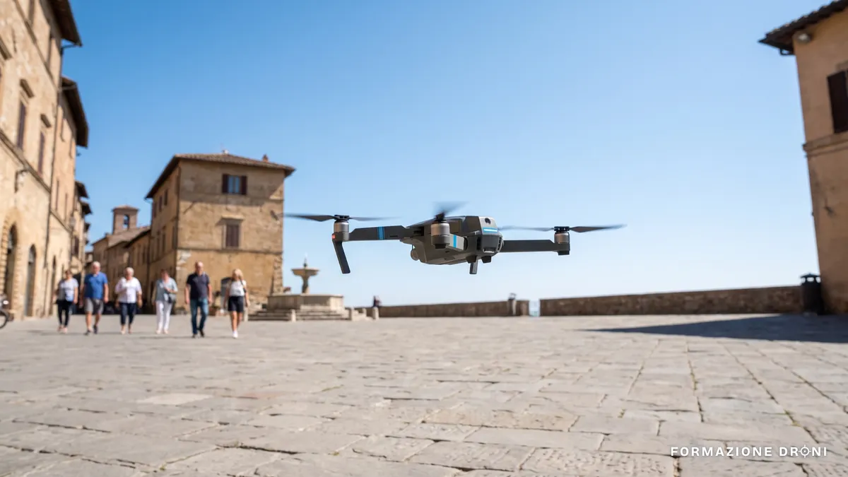 Drone in volo basso su una piazza vuota con persone lontane sullo sfondo