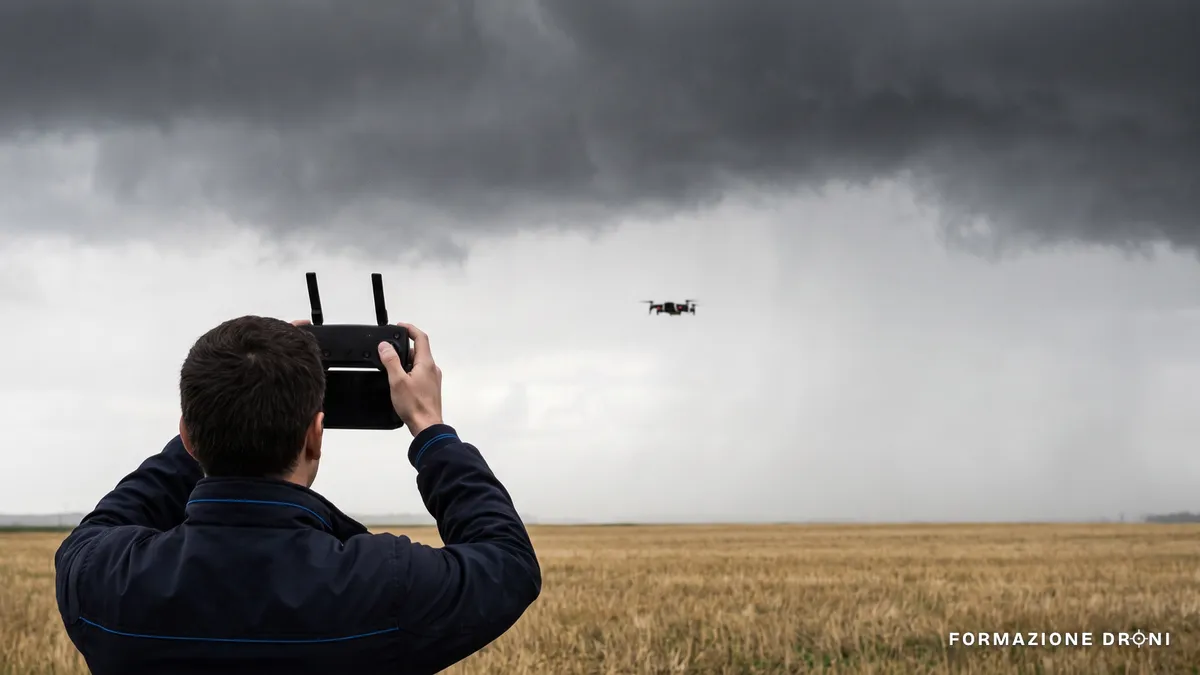 Pilota che tiene alto il radiocomando osservando il drone in lontananza sotto un cielo minaccioso