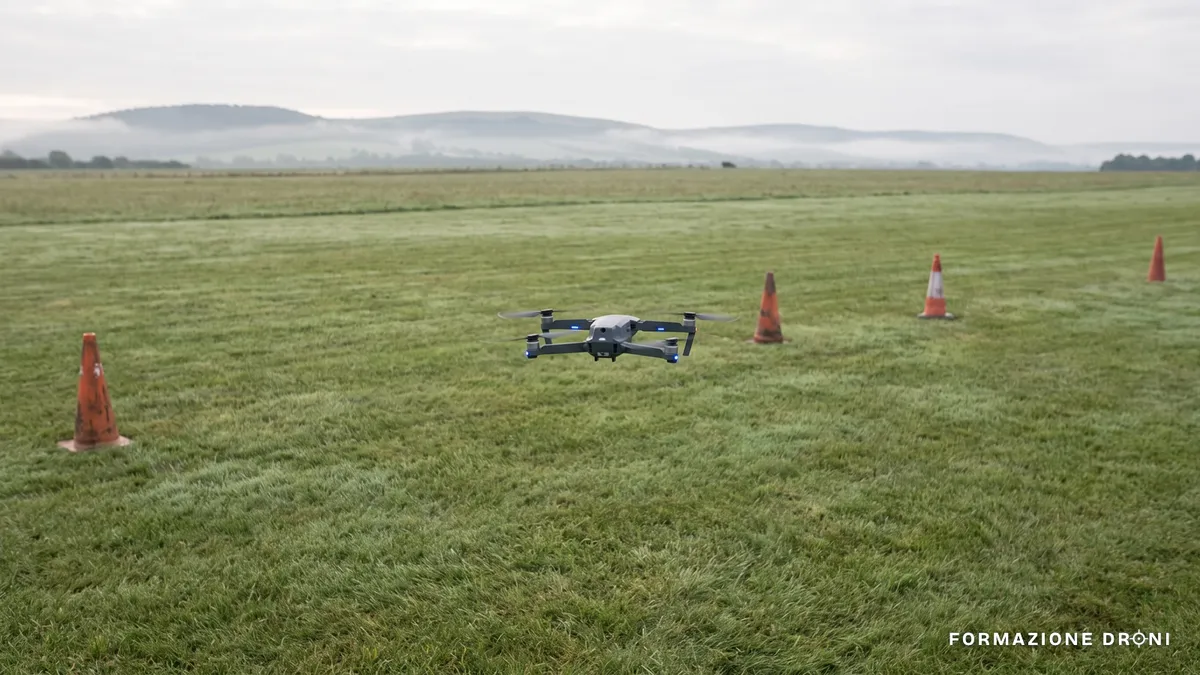 Drone in volo stazionario a bassa quota su un prato con coni di riferimento a terra