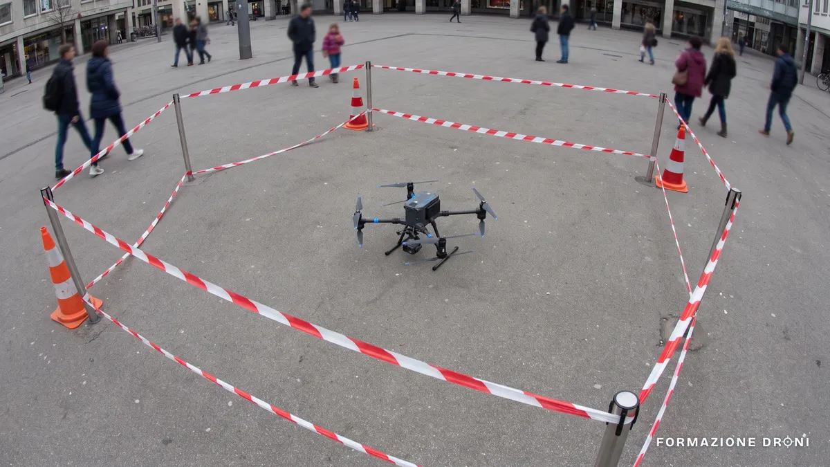 Area di lavoro delimitata con nastro e coni, drone professionale all'interno