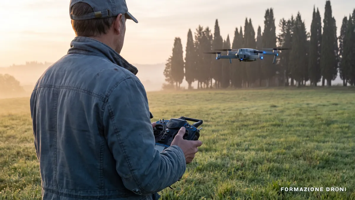 Pilota di spalle con radiocomando e drone in volo stazionario su un campo aperto