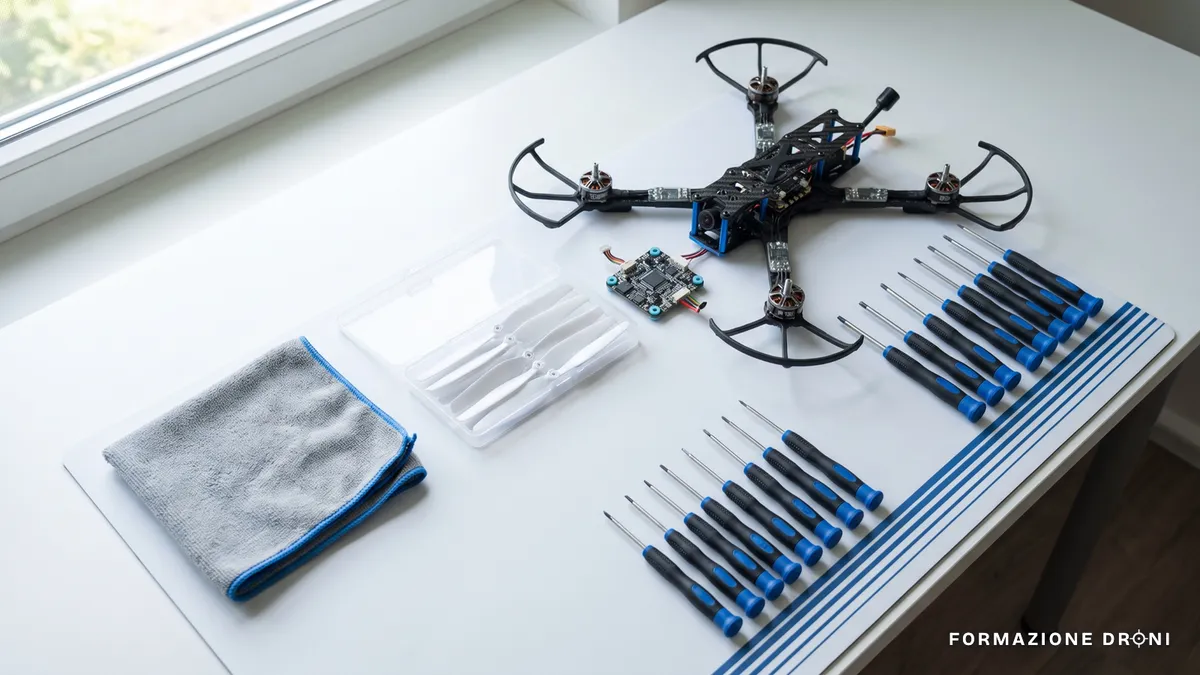 Banco di lavoro con drone smontato, cacciaviti di precisione ed eliche di ricambio