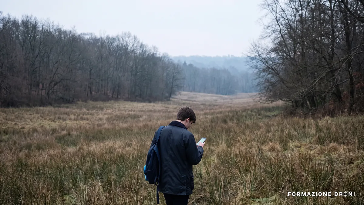 Persona che cerca fra l'erba alta ai margini di un bosco con il telefono in mano