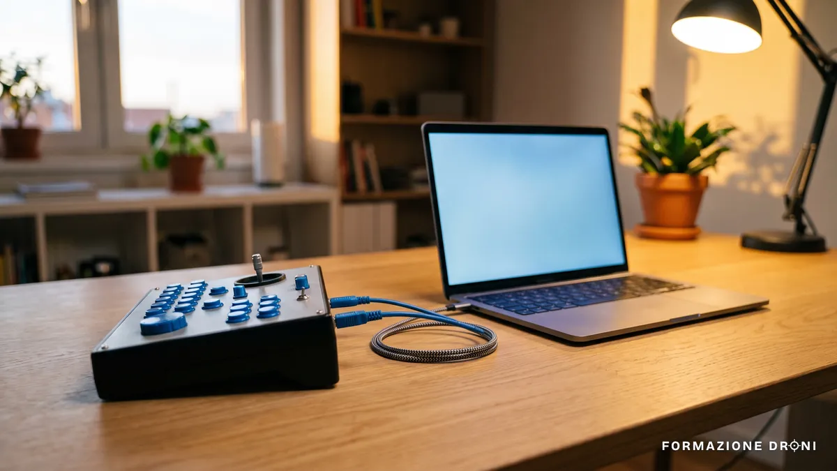 Radiocomando collegato via USB a un portatile su una scrivania