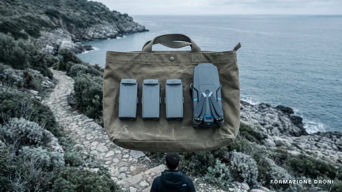 Tre batterie e un drone consumer ripiegato appoggiati su una borsa, con sentiero costiero italiano sullo sfondo