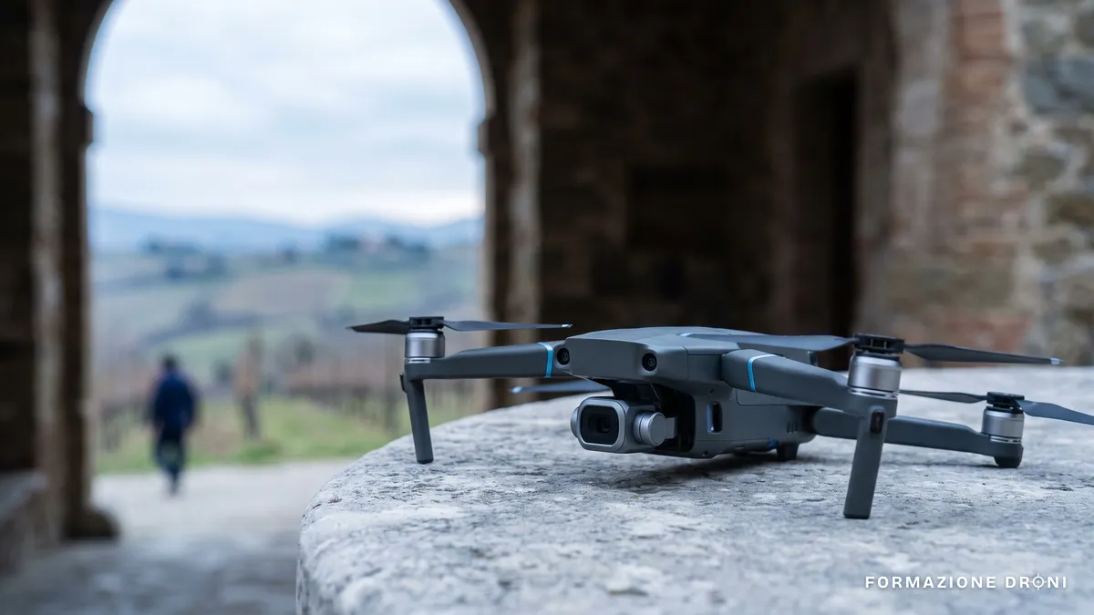 Primo piano del gimbal a tre assi di un drone consumer appoggiato su un tavolo, con campagna italiana sullo sfondo