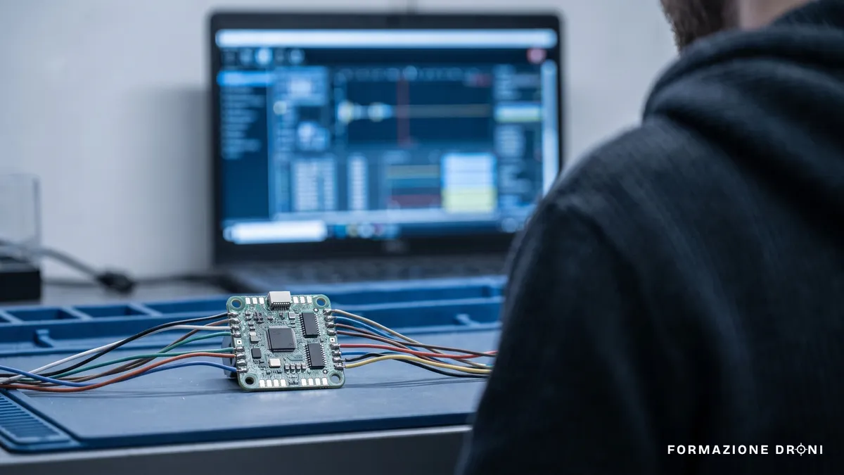 Scheda flight controller su un tappetino antistatico accanto a un portatile