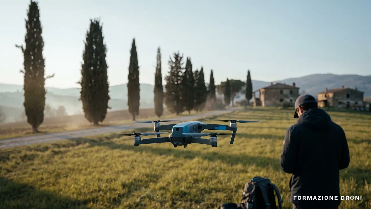 Quadricottero in volo stazionario a bassa quota su un prato, con eliche in movimento e paesaggio rurale italiano sullo sfondo