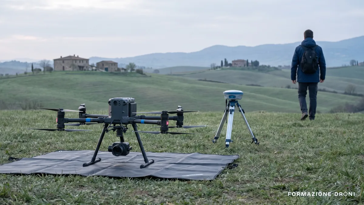 Drone su piazzola di decollo con stazione base GNSS su treppiede sullo sfondo