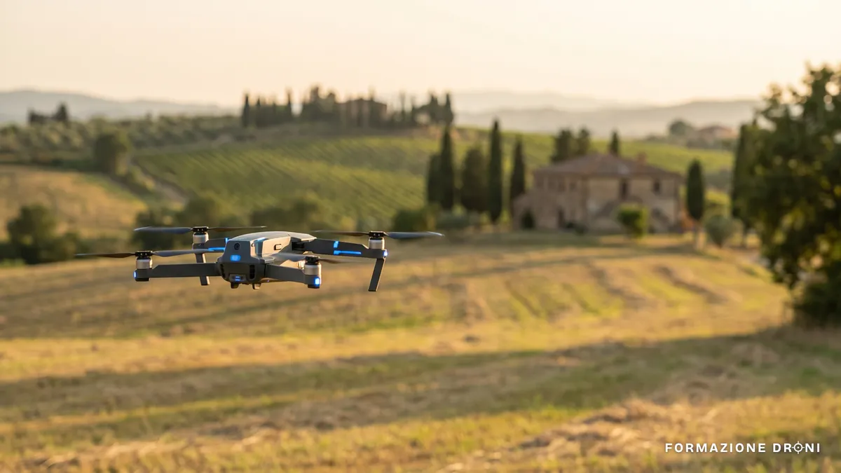 Quadricottero in volo stazionario su un campo con colline sullo sfondo