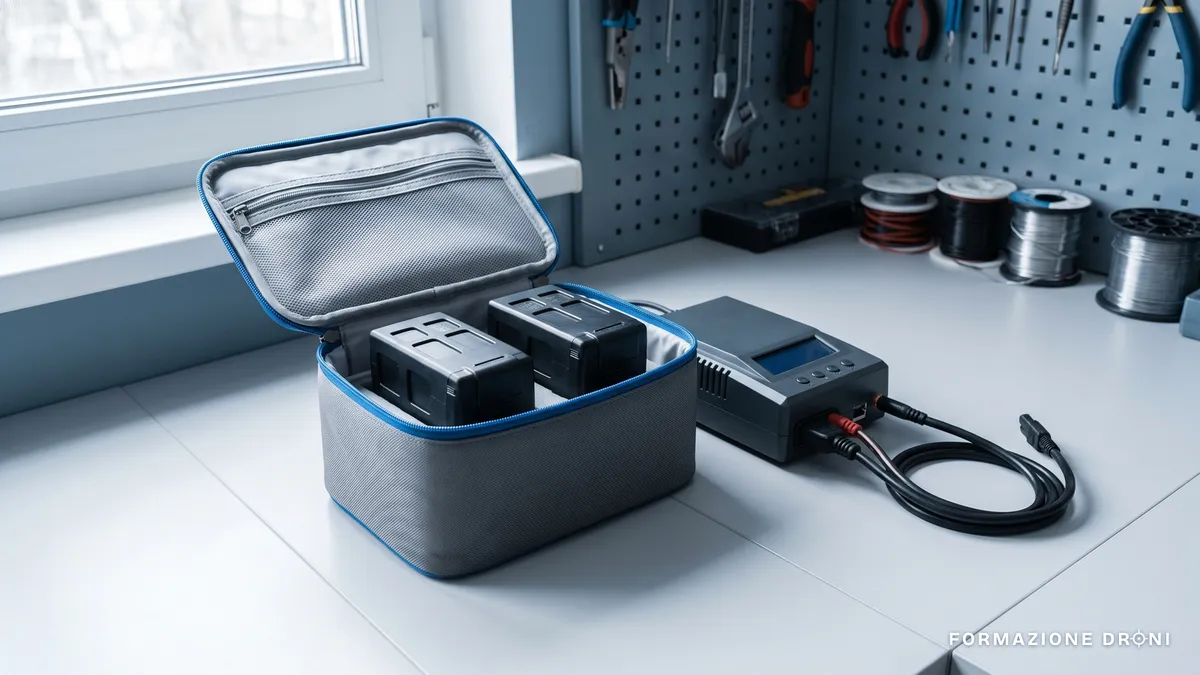 Borsa ignifuga aperta con due batterie per drone e un caricabatterie bilanciato