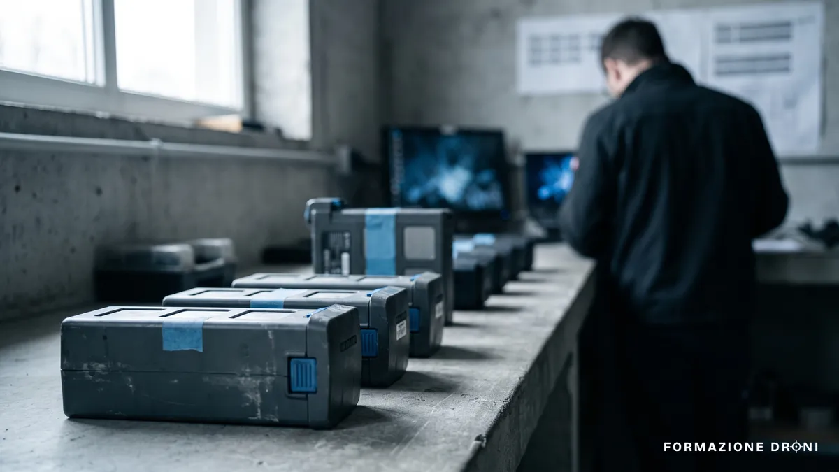 Pacchi batteria per droni allineati su un banco da lavoro