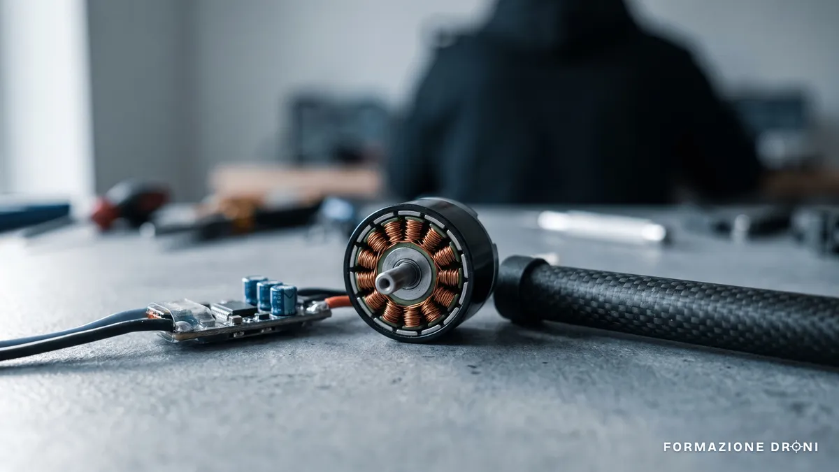 Motore brushless e scheda ESC su un banco di lavoro