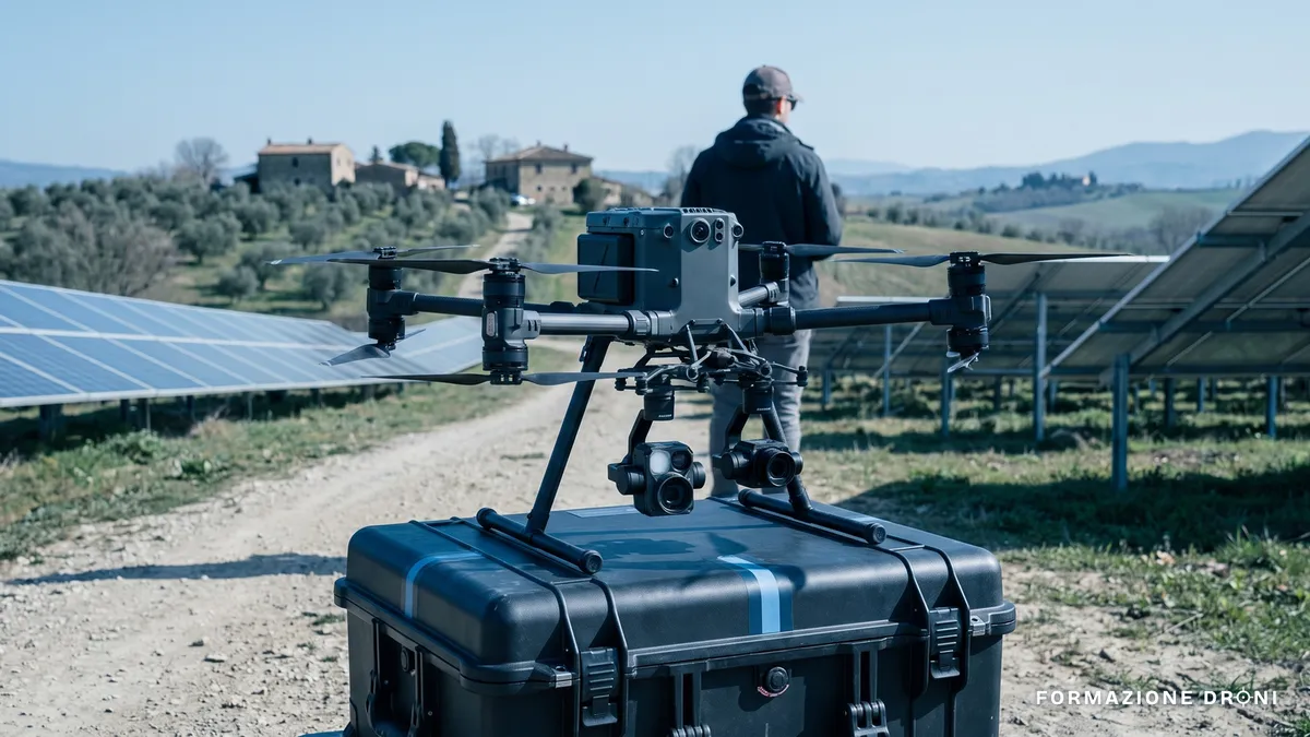 Drone professionale con payload sensoristico appoggiato su una valigia al bordo di un impianto fotovoltaico