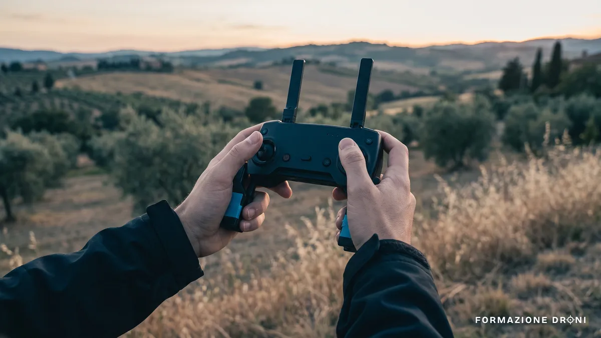 Un pilota tiene il radiocomando con le antenne alzate in un campo aperto al tramonto