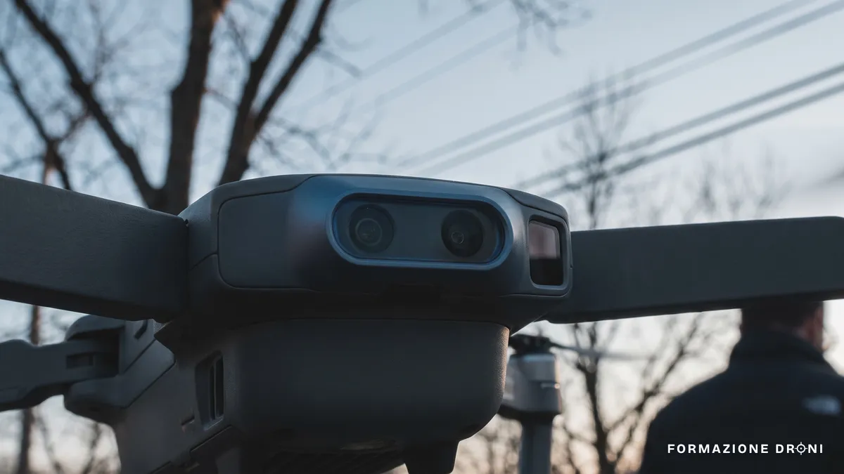 Primo piano dei sensori frontali di un drone con rami e cavi sullo sfondo